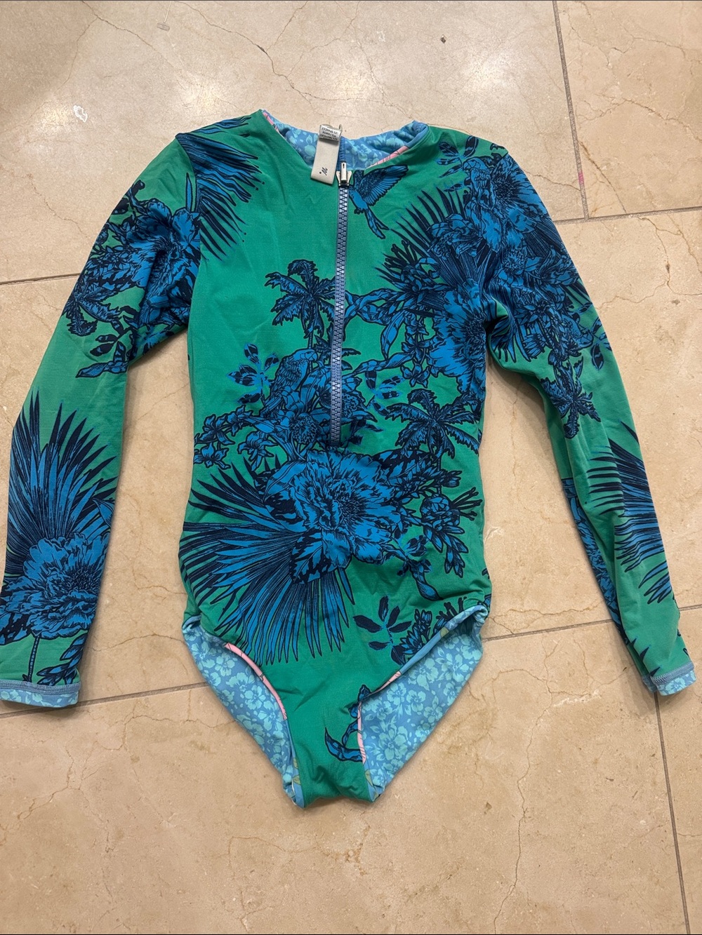 Maaji Kids Long-Sleeve Floral One-Piece Swimsuit - Green/Blue reversible